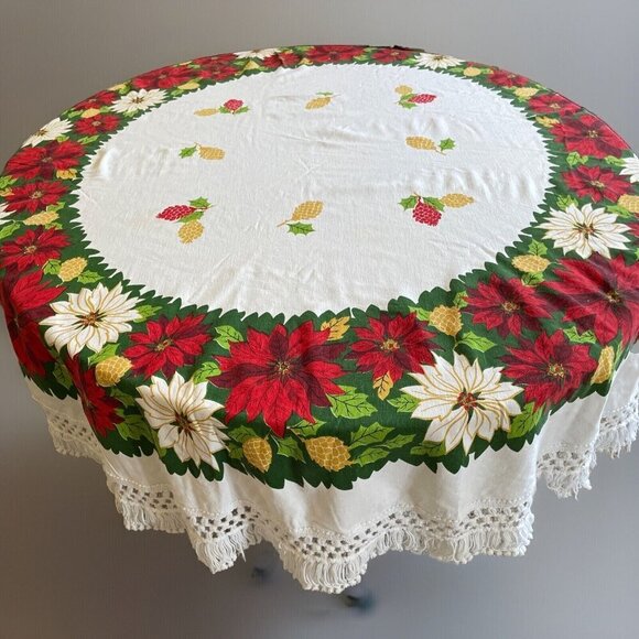 Vintage Christmas Oval Table Cloth Poinsettia Fringe Hem Holiday 54"W X 64"L - Picture 1 of 6